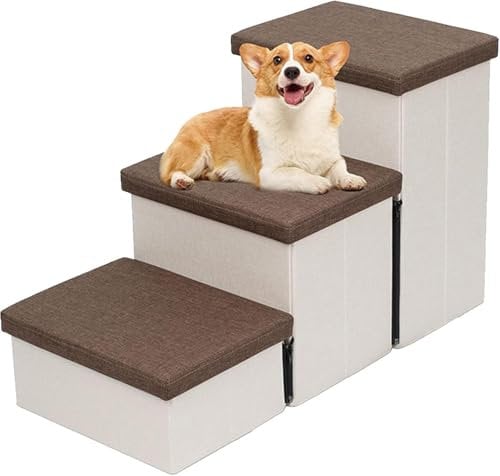 Dog Steps Stairs for Bed, 3 Step Portable Pet Storage Stepper for Cats & Small And Medium Dogs,Non-Slip Dog Steps for High Bed & Couch & Window Sill(Bruin)