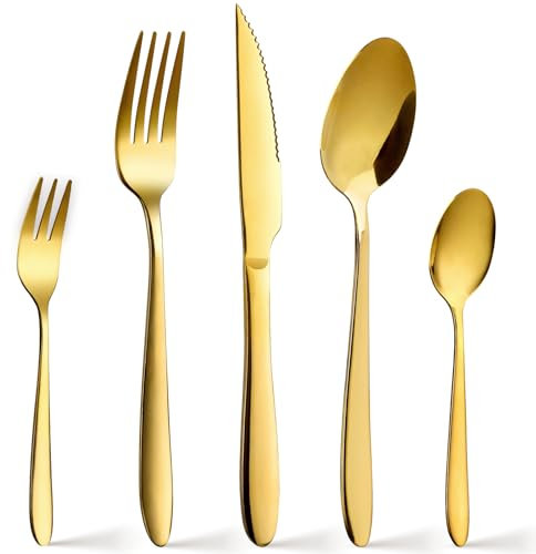 SWISON Posate acciaio inox dorate per 12 persone, Set di posate in oro lucido 60 pezzi, con coltello e forchette, cucchiaio