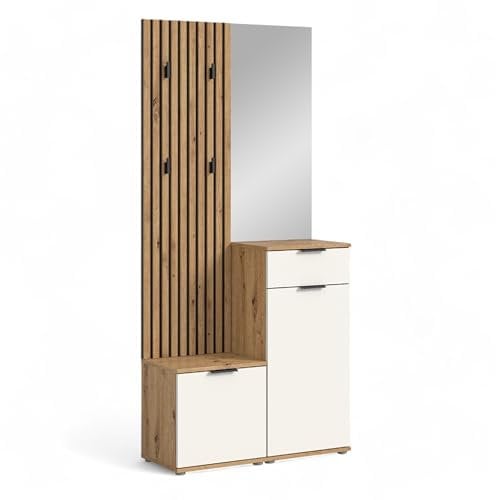 Stella Trading Simple Flurgarderoben Set in Artisan Eiche Optik, Weiß - Moderne Kompaktgarderobe mit Spiegel für Ihren Eingangsbereich - 88 x 195 x 35 cm (B/H/T)