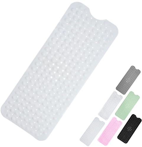 Dusche Badematte 100x40cm, Extra Lange Duschmatte Anti Schimmel Badematten Weiß, rutschfeste Badematte für Wanne, Duschmatte mit Saugtaschen, Ablauflöcher, Maschinenwaschbare Badewannematten