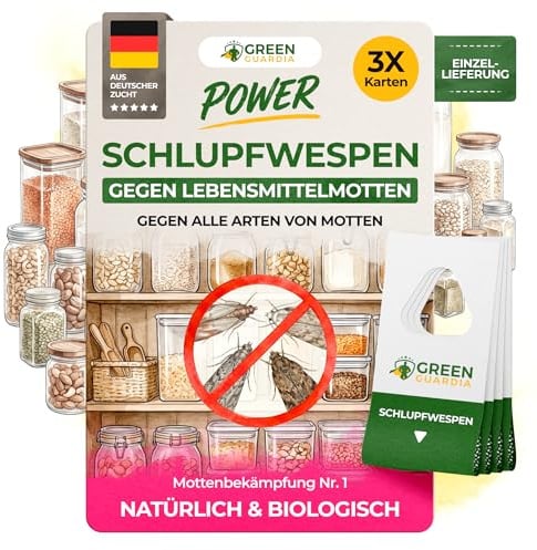GREEN GUARDIA Schlupfwespen gegen Lebensmittelmotten - 3 Karten à 1 Lieferung - Effektiv & unweltfreundlich Lebensmittel Motten bekämpfen - Alternative zur Mottenfalle, Mottenspray, Pheromonfalle