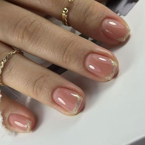24 Stück French Glitzer Press on Nails Viereckig Kurz, Klar Glänzend Glitter Künstliche Nägel Zum Aufkleben mit Gold Linie Square Short, Square French Fingernägel Fake Nails Kurz für Frauen