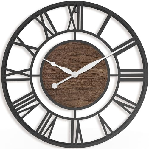 Pytha Sight Extra Large Wall Clock 75cm Black Metal Walnut Dial, Silent | Vintage Skeleton Wall Clock with Roman Numerals, Non Ticking Design Clock for Living Room, Kitchen, Bedroom and Office