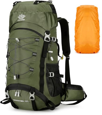 BAGROUPS 60L Wanderrucksack Herren Damen Wasserdichter Outdoor Reiserucksack Ultra Leicht Trekkingrucksack Große Rucksäcke für Camping, Reisen, Skifahren, Urlaub，Sport Grün