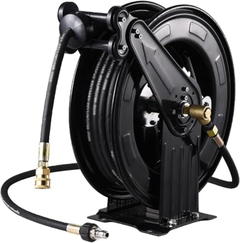 Heavy Duty Automatic Retractable Hose Reel for Pressure Washers, 35m Steel Construction, Versatile Water, Air & Oil Management (25m)