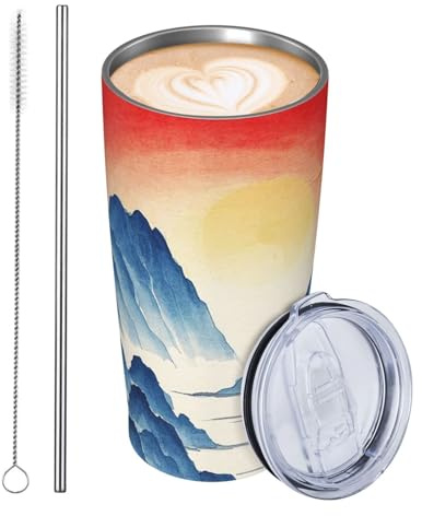 JKASDTRP Tumbler da 590 ml in acciaio inossidabile isolato bicchieri da viaggio a tenuta stagna tazza da caffè da viaggio con coperchio e cannuccia zafferano nero paesaggio cinese bevande solari tazze