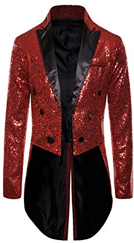 Feclmiyt Herren-Smokingjacke mit Pailletten, Y2K, langärmelig, Frack, Blazer, Mantel, Schwalbenschwanz, Abschlussball, Blazer, Anzugjacke, Bankett, glänzender Smoking mit Schwalbenschwanz