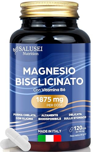 Magnesio Bisglicinato 1875mg con Vitamina B6, 120 capsule – Forma Chelata - Magnesio Glicinato - Integratore stanchezza fisica e mentale - Vegano