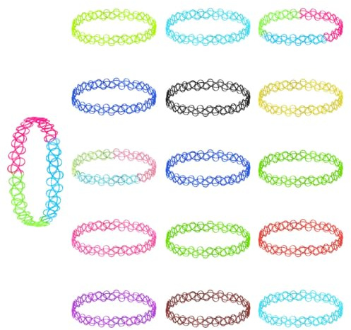 Cheynn 16 Stück Bunt Elastische Halsketten Set, Stretch Gummi Tattoo Kette 90er Regenbogen Tattoo Choker Halskette 90er Jahre Outfit Damen Buntes Punk Halsband für Mädchen Frauen Teen Kinder