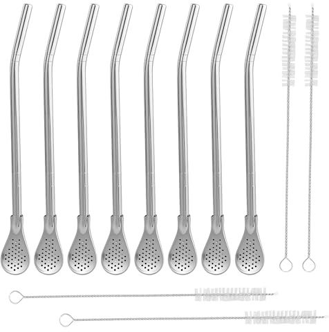 Pailles en Acier Inoxydable avec Cuillère Filtrante, Cuillère à Paille Filtrante, Pailles de Bombillas Réutilisables à Cuillère de Nettoyage pour thé en Vrac, Café, Boissons (8)