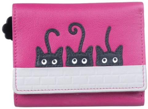 Peek-a-Boo Black Cats Small Tri-Fold Purse by Mala – Genuine Leather Wallet with RFID Protection, Card Slots & Gift Dust Bag – 11 × 9 × 2.5 cm (Pink)