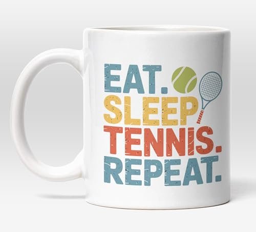 Millhouse Prints Eat Sleep Tennis Repeat Mug – Funny Coffee Cup – Colorful Retro Sports Design – 11oz Ceramic