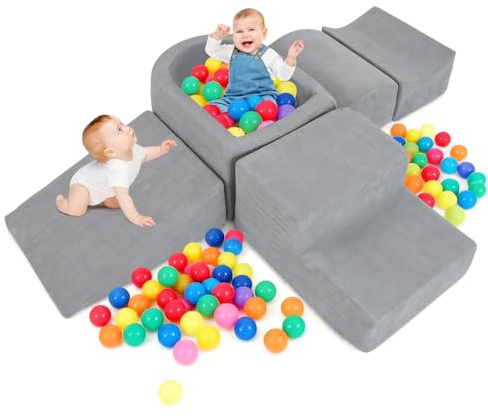 DREAMADE Parcours Motricité Bébé 5PCS avec Housse Lavable, Blocs de Construction avec Piscine à Balles, Module Motricité pour Enfant 3+ Ans, sans Balles (Velours Côtelé,Gris)
