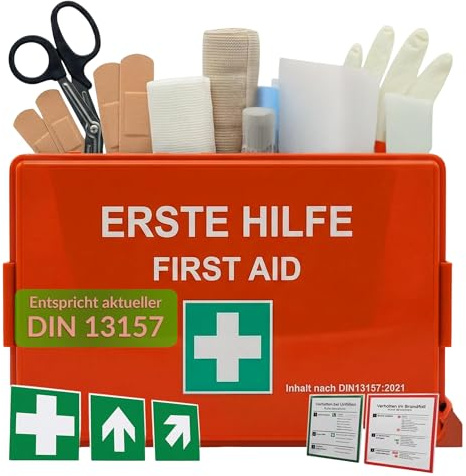 Floordirekt Erste Hilfe Kasten - DIN 13157:2021 - inkl. Wandhalterung, 5x Aufkleber & Plombe - Verbandskasten Betrieb - Erste Hilfe Koffer für Betrieb - Büro & Zuhause (Erste Hilfe Set)