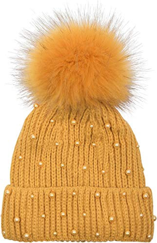 styleBREAKER Damen Strick Bommelmütze mit Perlen und Fleece Futter, warme Winter Fellbommel Mütze, Fake Fur 04024155, Farbe:Curry