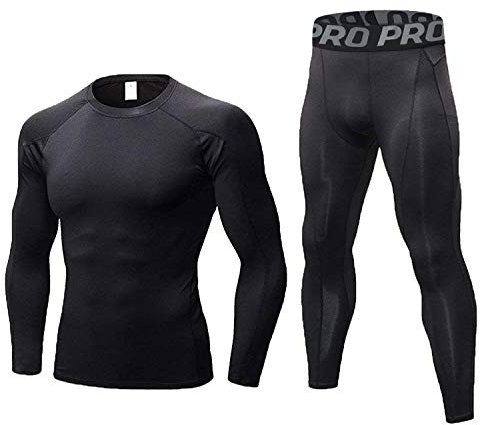 LANBAOSI Men's Gym Running Base Layer Top and Leggings Set Long Sleeve Compression Shirt Tights Thermal Underwear Suit, Black Line, M
