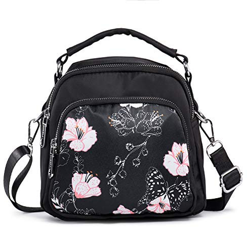 LaRechor Kleine Umhängetasche Handtasche Schultertasche für Damen Tote Tasche Mini Rucksack Nylon Frauentasche (Blumen mit Schmetterling)