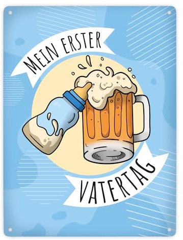 Mein erster Vatertag Metallschild XXL mit Bier und Babyflasche Motiv