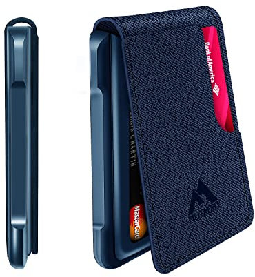 MURADIN Porte Cartes Mince en métal Anti-RFID-B, Porte Feuille Homme Tactique Minimaliste, Porte Carte Cuir Homme à Deux Volets pour Poche Frontale avec Pince à Billets (Saffiano Blue)