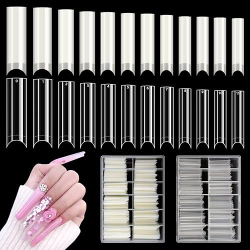 Adonafy Faux Ongles: 480 Pièces Supplémentaire Longue Capsules Ongles - Demi-couvercle U Curve Capsules Americaine Ongles - Transparent 12 Tailles Capsule Ongle pour Salons de Manucure