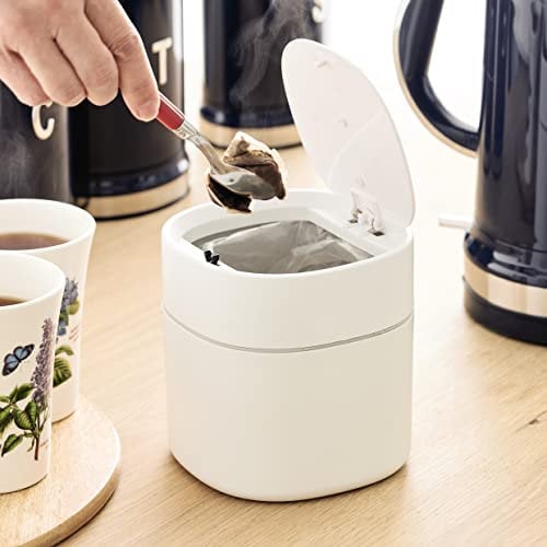 mysmartbuy.com Countertop Waste Bin - 800ml Mini White Worktop Tabletop Desktop Bin for Tea Bags & Pods – Home Kitchen Bathroom Bedroom Office Small Bin with 2 Rolls of Bin Bags