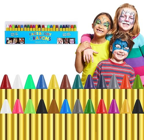Clundoo Schminkstifte Kit, 24 Farben Gesichtsfarbe Schminkstifte, Sicher und Ungiftig, Abwaschbare Gesichtsfarben für Geburtstagsfeie Kindertag Fasching Weihnachten Halloween