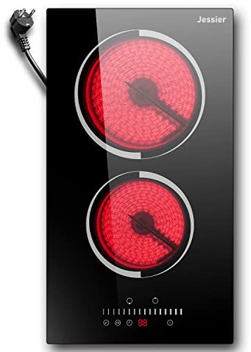 Jessier Plug in Placa Vitrocerámica 30 cm 3000W 2 fuegos, placa de cocción eléctrica Control táctil, Encimera encimera cocina 9 Niveles, Función de pausa, Temporizador, Regalos navideños