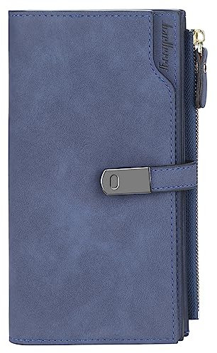 HNOOM Portefeuille Femme en Cuir PU Longue Porte Monnaie Femme Grande Capacite Porte Feuilles pour Femme avec 24 Emplacements Cartes et Zippé Pochette à Monnaie (Bleu Foncé-L)
