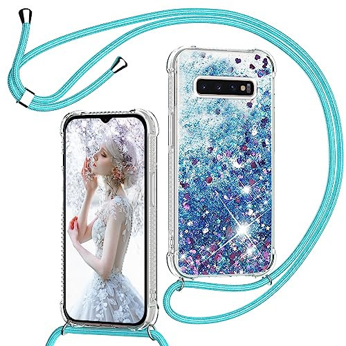 TUUTPU Handyband für Samsung Galaxy S10 4G Hülle mit Band, Glitzer Treibsand Handyhülle mit Kordel zum Umhängen Transparent Stoßfest Schutzhülle mit Kette Schnur, Quicksand Necklace Case in Blau