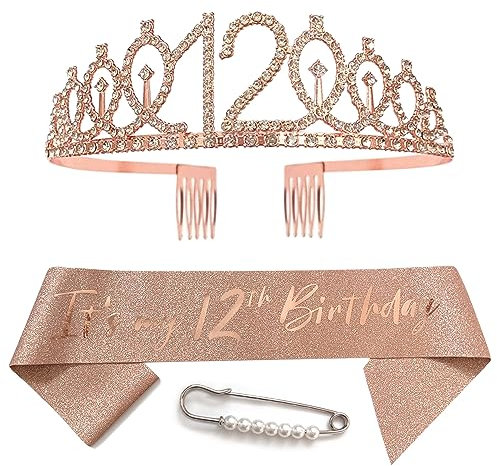 12. Geburtstags Schärpe Geburtstag Mädchen Birthday Krone Damen Haarnadel Prinzessin Haar Zusätze Rose Gold Geburtstag Schärpe Tiara Krone für Alles Gute Zum Geburtstag Partyzubehör Dekorationen