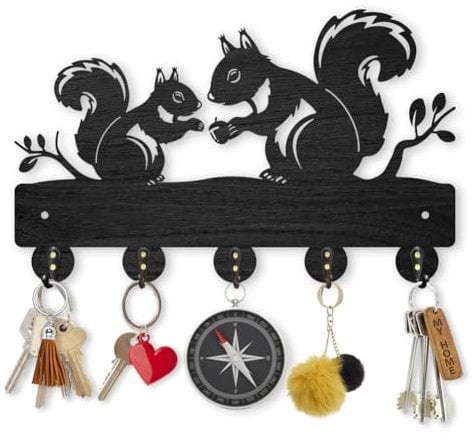 MAYJOYDIY Holz Eichhörnchen Schlüsselhalter 30x18cm Kleines Tier Baumzweig Schlüsselaufhänger 5 Metallhaken An Der Wand Montierte Schlüsselhaken Organizer Für Küche Eingangsbereich Haustür