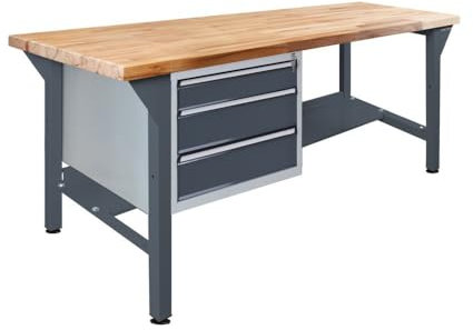 Steinbock Werkbank mit 3 Schubladen | 500 kg Tragkraft | HxBxT 85 x 150 x 75 cm | Anthrazitgrau | 5 cm Starke Massivholz-Arbeitsplatte | stabiles Stahlgestell | Made in EU | Profi-Werktisch