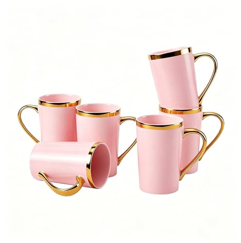 Loymokinar 12 fl oz Porcelain Coffee Mugs, Set of 6, Pink and Gold | Set of 6 12 oz Pink Porcelain Mug with Gold Handles for Coffee, Tea, Latte, Cappuccino, Cocoa and Everyday Use.