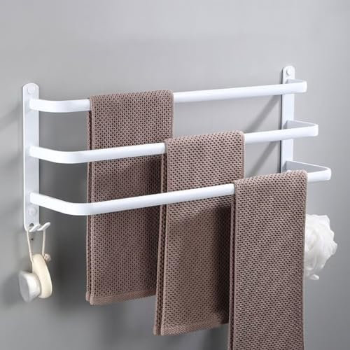 Porte-Serviettes Mural avec 2 Crochets Porte Serviettes Salle de Bain Percages et sans Percages Etagères Serviette en Aluminium pour Salle de Bain et Cuisine Blanc 3 Couche 40cm