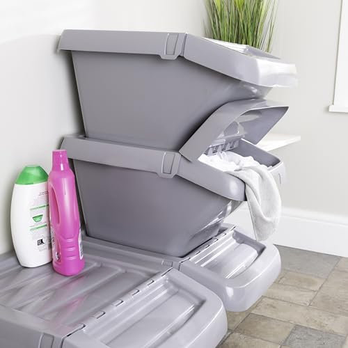 Wham 4x 30L Grey Plastic Stackable Storage | Recycling Bin with Hinged Lid, Commerical, Home, Office, School, Kitchen Waste Organiser (30L, Pack 4)