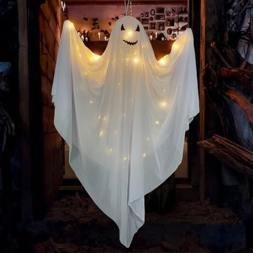Halloween Hängende Geister Groß 120cm, Halloween Deko Outdoor, Halloween Party Deko Garten Gruselig, Halloween Licht Dekoration Anhänger Geist Mit Led Lichterkette Balkon Fenster Baum Innen Und Außen