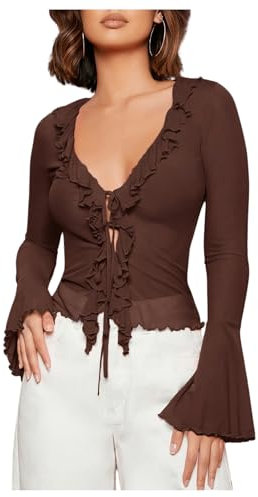 GORGLITTER Women's Deep V Neck Sheer Mesh Tops Ruffle Long Bell Sleeve Tie Front Fitted Vintage Shirt Tops Chocolate Brown L