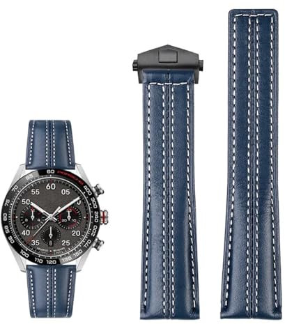 VYSLZ 22 mm echtes Lederarmband für Tag Heuer-Uhr Carrera Monaco Herrenarmbanduhr Rindsleder-Faltschließe(Blue black buckle)