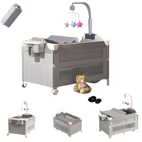 Doraystar Pack and Play Baby-Reisebett, Faltbares und Tragbares Beistellbett, Großer Spielbereich mit Matratze und Wickeltisch (6602 Grey Without Net)
