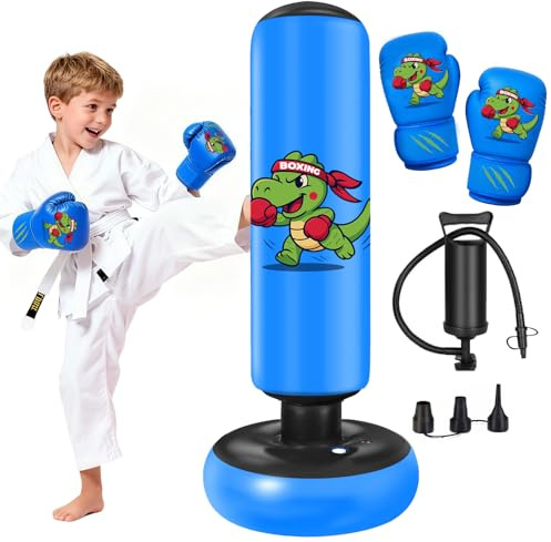Ninonly 130cm Saco de Boxeo Niños con Guantes Patrón de Dinosaurio Azul