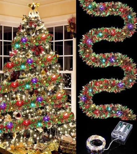 Octonyluck Weihnachtsgirlanden mit Mehrfarbigen Lichtern, 5m Weihnachtsbaum Lametta Girlande, Glänzend Weihnachtsbaum Ornamente, Weihnachtsdeko Lametta für Weihnachtsbaum Weihnachtsfeier, Farbe