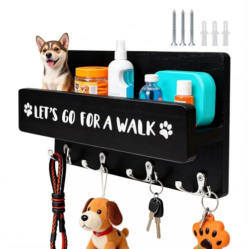 Sxutop Hunde Schlüsselbrett mit Doppel Haken Hundegarderobe,Schwarz | Hölzerne Hundeleinenhalter Wand,Wandhaken für Hundeleine,Wandgarderobe mit Ablage,für Flur Küche Eingangsbereich