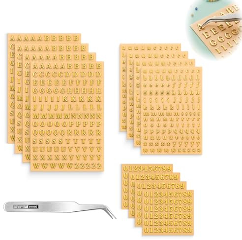 Mini Gold Buchstaben Aufkleber mit Zahlen, 12 Blatt für DIY Deko | 3 mm kleine Vinyl Sticker mit Pinzette für präzise Gestaltung, ideal für Scrapbooking, Karten und filigrane Dekorationen