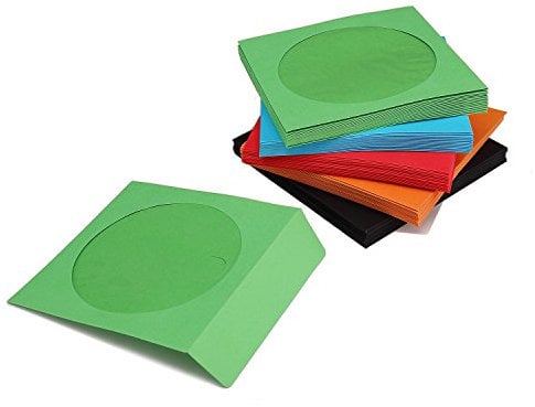 Flexzion 100 Pack CD DVD Thick Paper Sleeves Standard Envelope Cases Display Storage Premium with Window Cut Out and Flap for Music Movie Video Game Disc (5 Colors)