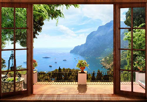 wandmotiv24 Fototapete Balkon Ausblick Meer, L 300 x 210 cm - 6 Teile, Wanddeko, Wandbild, Wandtapete, Schiffe, Berge, Urlaub M1105