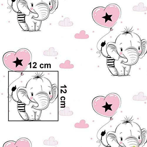 Pingianer 100x160cm Elefant 100% Baumwolle Baumwollstoff Kinder Meterware Handwerken Nähen Stoff (Elefant Luftballon Rosa, 100x160cm (11,99€/m))