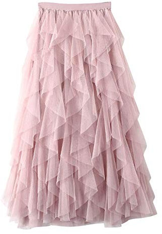 Damen Elegante Lange röcke Tüll Rock Retro Swing Röcke Faltenrock Mesh Tüllröcke Elastische Taille Puffy Röcke Pink