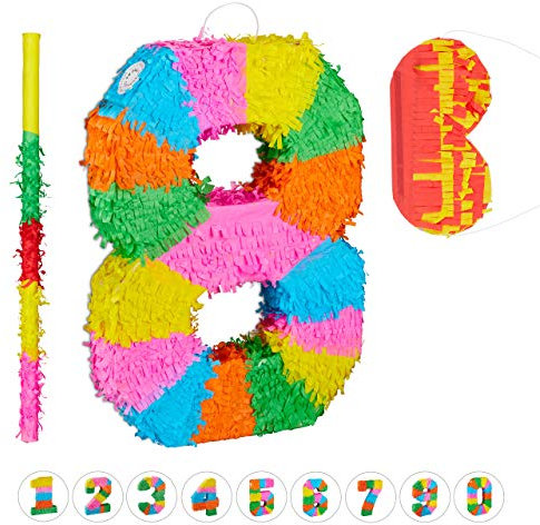 Relaxdays 3 TLG. Pinata Set Geburtstag, Zahl 8, Pinatastab mit Augenmaske, Kinder & Erwachsene, Piñata zum selbst Befüllen, bunt