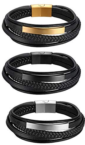 JewelryWe Personalisiert Lederarmband Armband Herren: 3pcs Leder Echtleder Edelstahl Ident-Armband mehrreihig handgemacht geflochten Manschette Armreif Wickelarmband mit Gravur Vintage Punk Schmuck