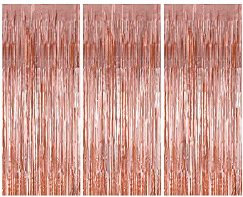 3 Pièces Rideau Métalliques de Franges, Rideaux Métalliques Tinsel, Frange de Feuille Rideau Shimmer, Rideaux à Franges pour Mariage Fête Anniversaire Porte Fenêtres Décorations - Or Rose